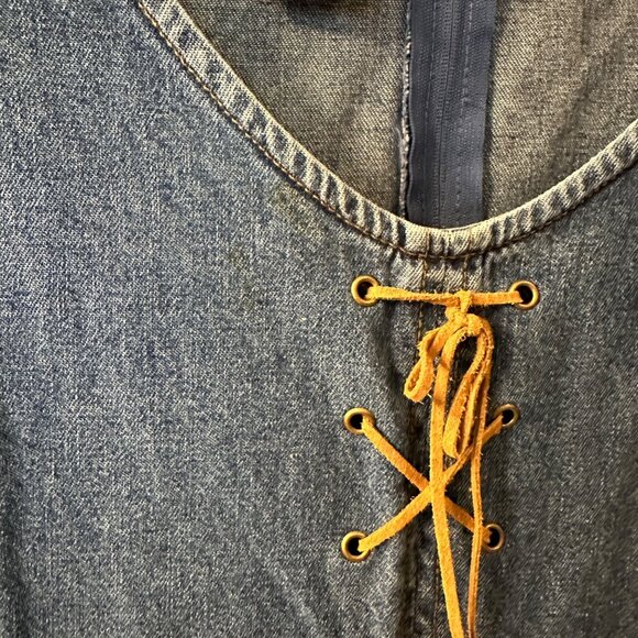 Expressions 1X 1XL VTG Y2K 90s Denim Maxi Dress Suede Leather Lace Up Slit Boho - Picture 5 of 9